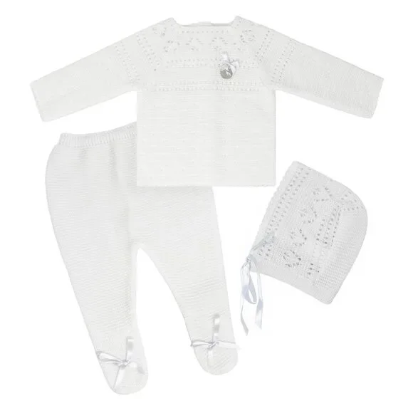 Newborn Baby Knit Outfit, Embossed Leaf (White)